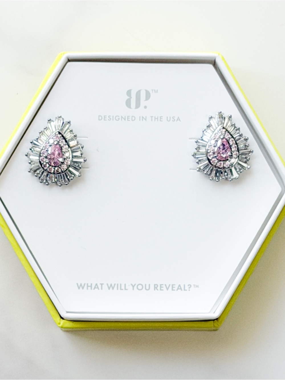 Bomb Party Rose Quartz CZ Statement Earrings Pink Teardrop Halo Hematite Plated